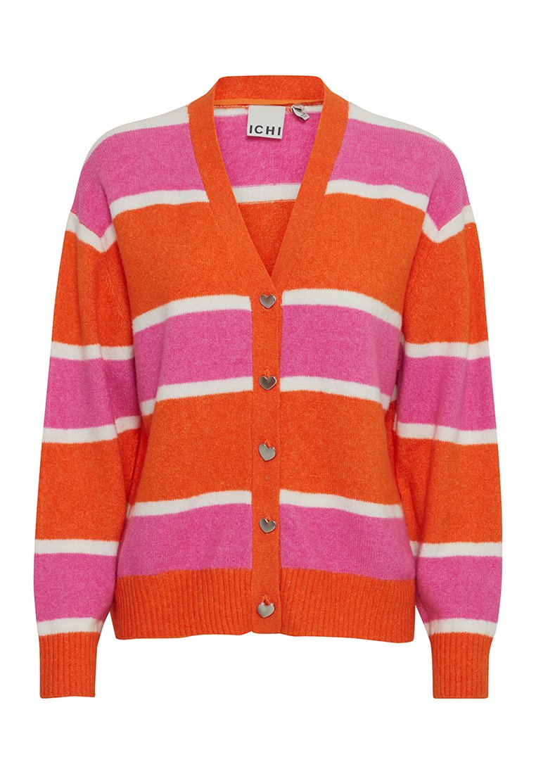 Rozpinany kardigan z szerokimi poziomymi paskami w kolorze pomarańczowym, różowym i białym, z metalowymi guzikami w kształcie serca i ściągaczami przy mankietach.