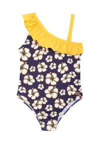 Maillot de bain une pièce avec un fond violet, des épaules à volants jaunes et un motif floral d'hibiscus blanc. Tissu lisse et coupe ajustée.