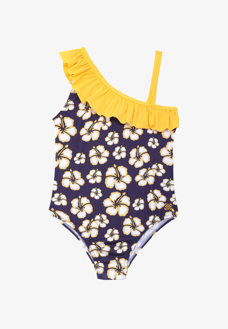 Maillot de bain une pièce avec un fond violet, des épaules à volants jaunes et un motif floral d'hibiscus blanc. Tissu lisse et coupe ajustée.