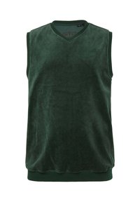 Groene, mouwloze vest met een v-halsontwerp. Gemaakt van zacht, fluweelachtig materiaal, met een geribde tailleband en randen.