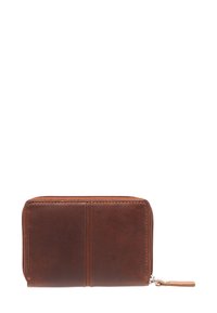 Brown leather wallet with a zip closure, featuring two exterior card slots. The texture is smooth with a matte finish.
