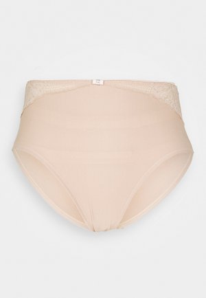 Béžové vysoké spodní prádlo vyrobené z hladké tkaniny s krajkovým pasem. Má bezešvý design a malý kovový detail s klipsnou.