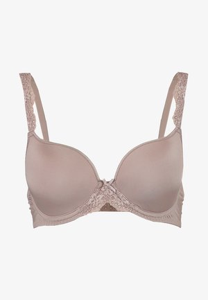 Soutien-gorge beige avec des bonnets lisses, une bordure en dentelle le long des bretelles et un nœud au centre. Tissu doux avec un soutien à armatures et bretelles réglables.