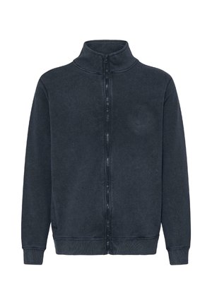 Giacca in pile grigio scuro con collo alto, cerniera frontale completa, maniche lunghe e polsini e orlo a costine.