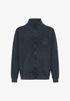 Giacca in pile grigio scuro con collo alto, cerniera frontale completa, maniche lunghe e polsini e orlo a costine.