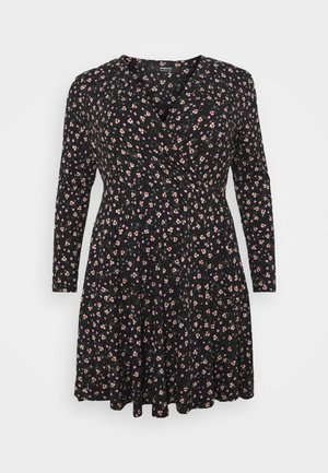 Black long-sleeve wrap dress with pink and white small floral print, fitted waist, and flared skirt.