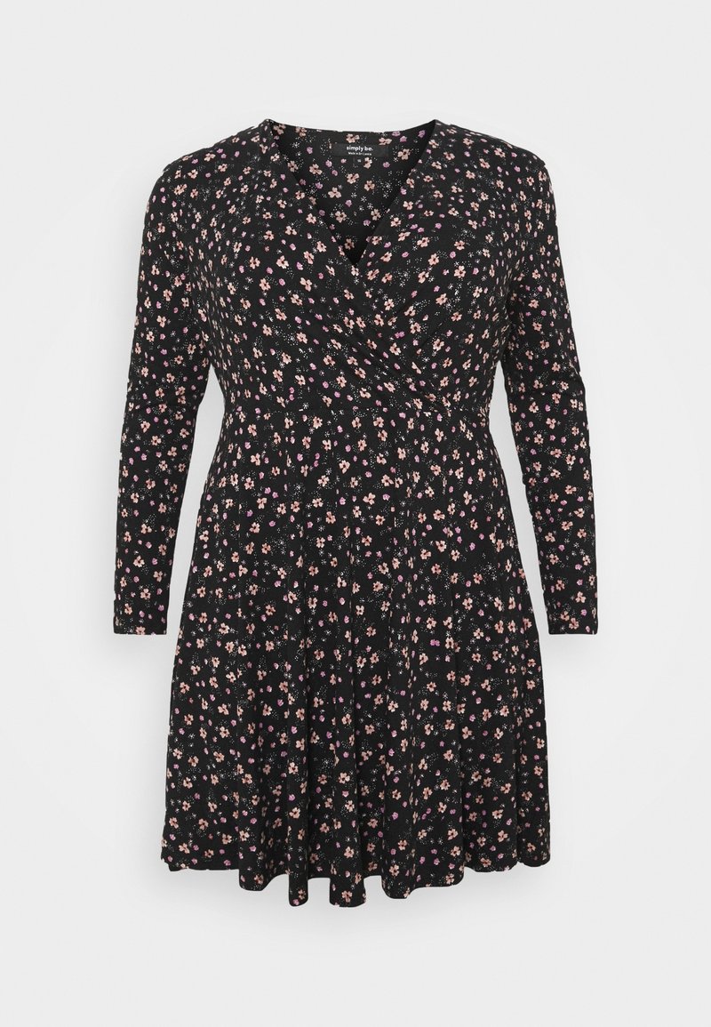 Robe portefeuille noire à manches longues avec petit imprimé floral rose et blanc, taille ajustée et jupe évasée.