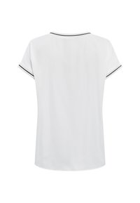 White short-sleeve top with a round neckline, featuring black trim along the collar and sleeves, made from a smooth fabric.