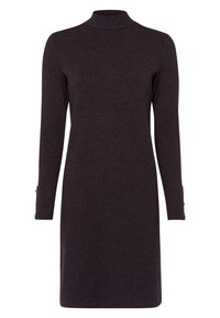 Robe gris foncé à manches longues avec un col montant. Présente une coupe droite et des boutons décoratifs aux poignets. Tissu doux et texturé.