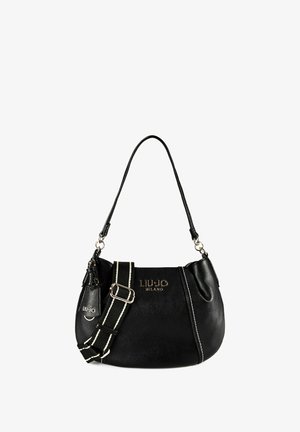 Schwarze Ledertasche von Liu Jo Milano mit einem einzelnen oberen Griff, abnehmbarem gestreiftem Schulterriemen und einem Reißverschlussanhänger mit Markenzeichen.