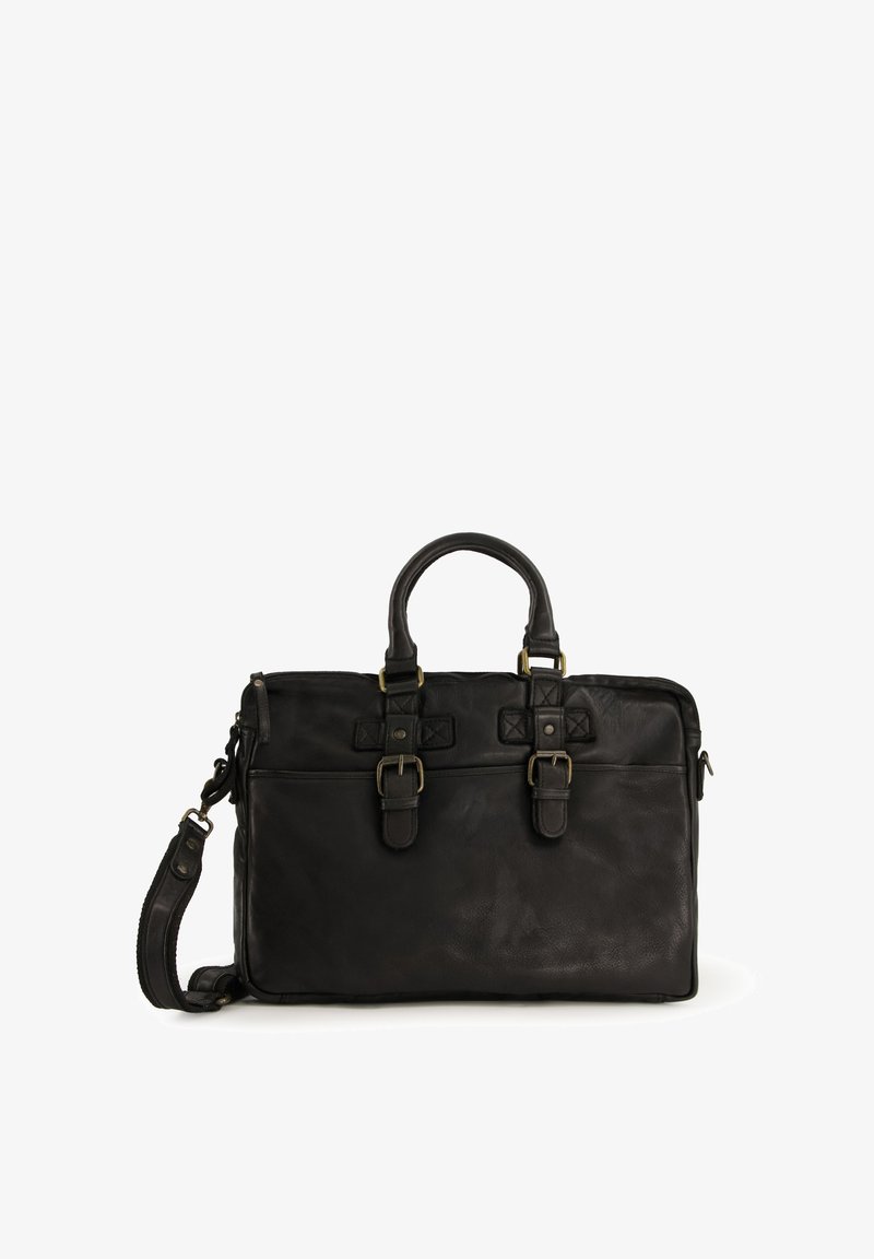 Sort læder dokumentmappe med dobbelte top håndtag og en aftagelig skulderrem. Har spænde remme og forreste lommer til ekstra opbevaring.