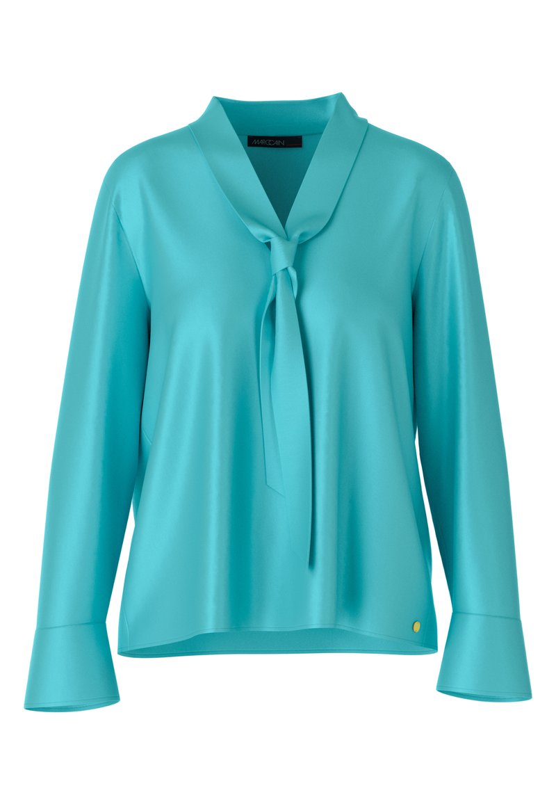 Turkooise blouse met lange mouwen, een brede kraag en een voorste knoopdetail, licht uitlopende manchetten, en een gladde satijnachtige stof.