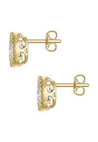 Auksinės spalvos auskarai su stulpeliu, kurių centre yra apvalus skaidrus akmuo, apsuptas išskirtinių iškilimų dizainų ir mažų skaidrių akcentų aplink kraštą.