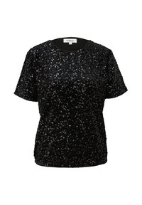 Zwarte pailletten top met een ronde halslijn en korte mouwen; voorzien van glinsterende pailletten die de gehele stof bedekken voor een textuureffect.
