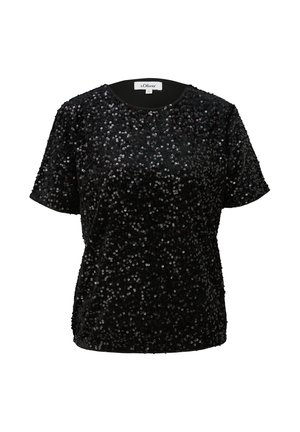 Zwarte pailletten top met een ronde halslijn en korte mouwen; voorzien van glinsterende pailletten die de gehele stof bedekken voor een textuureffect.