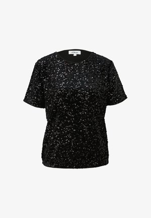 Zwarte pailletten top met een ronde halslijn en korte mouwen; voorzien van glinsterende pailletten die de gehele stof bedekken voor een textuureffect.