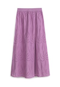 Gonna maxi lilla con cintura elastica, caratterizzata da motivi ricamati a spirale e fori ad occhio per texture e traspirabilità.