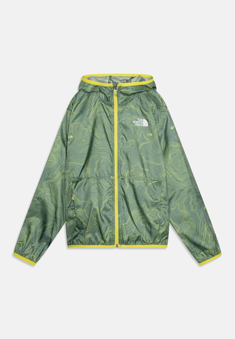 Une veste légère verte avec un motif topographique jaune, fermeture éclair intégrale, capuche ajustable et deux poches avant.