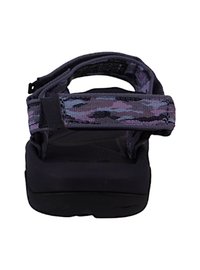 Sandale violette et noire avec une sangle en tissu texturé et à motifs, boucle réglable et semelle intérieure rembourrée, dotée d'une semelle coussinée.