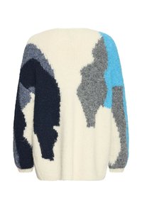 Maglione di maglia spessa caratterizzato da una combinazione di colori blu, navy, grigio e crema in motivi astratti, con una vestibilità comoda e una finitura testurizzata.