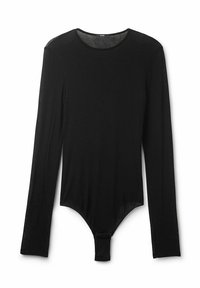 Schwarzer Langarm-Bodysuit aus weichem Stoff. Verfügt über einen runden Halsausschnitt und einen Druckknopfverschluss im Schritt. Glatte Textur mit taillierter Passform.