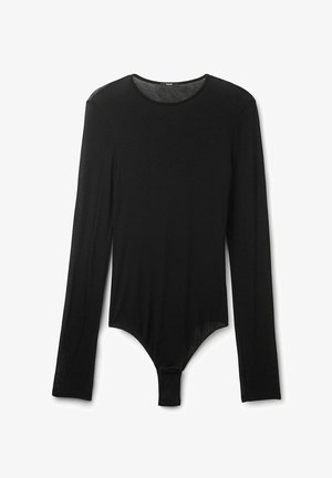 Zwarte longsleeve bodysuit van zacht materiaal. Kenmerkt zich door een ronde halslijn en drukknoopsluiting onderaan. Gladde textuur met een aansluitend ontwerp.