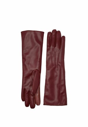 Pair of long dark red leather gloves with stitching detail, laid flat with one palm side up and the other back side up.