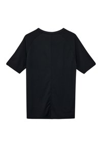 Schwarzes Kurzarm-T-Shirt mit Netztextur und Raglanärmeln, rundem Halsausschnitt und geradem Schnitt. Keine sichtbaren Logos oder Muster.