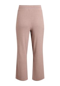 Ribētie, rozā adīti bikses ar platu kāju griezumu un elastīgu jostu, demonstrējot maigu tekstūru un gludu apdari.