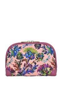 Zachte roze cosmetische tas met paarse rand, gedetailleerde botanische bloemen- en libelprint, gouden rits en klein gouden bloemembleem.