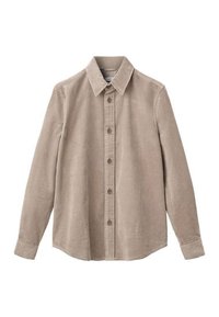 Cămașă din corduroy khaki cu mâneci lungi, închidere frontală cu nasturi, guler ascuțit și o margine ușor mai lungă în spate. Țesătură texturată cu dungi verticale.