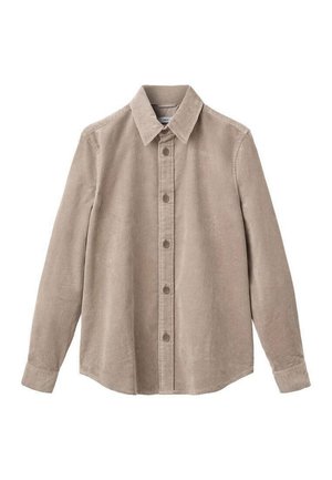 Khaki corduroy overhemd met lange mouwen, knoopsluiting aan de voorkant, puntige kraag en een licht verlengde achterkant. Textiel met verticale ribbels.
