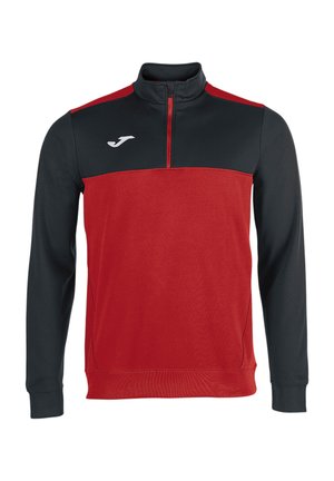 Herre langærmet sports-pullover med sort øverste del og ærmer, rød nederste del, kvart lynlås og hvidt logo på brystet.