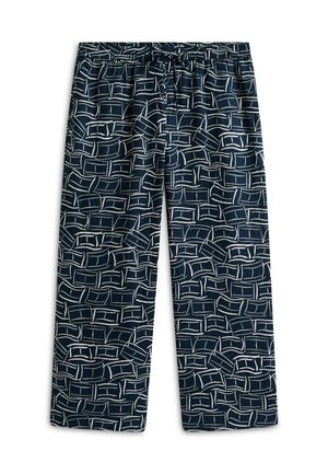 Tumesinised püksid valge geomeetrilise mustriga, elastse vöökohaga ja nööriga. Kerge kangas, lõdvestunud istuvus ja sirge sääre disain.