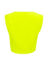 Neon yellow crop top with a smooth, slightly glossy texture. Features wide shoulder cut, minimalist design, and no visible hardware or patterns.