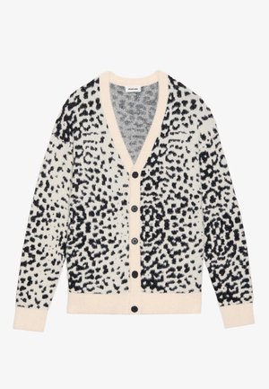 V-neck cardigan in cream with a black leopard pattern. Features a soft texture, six buttons down the front, and ribbed cuffs and hem.