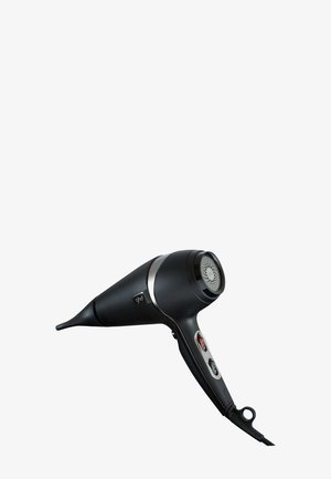 Sèche-cheveux noir à main avec un embout étroit, des contrôles de température et de vitesse, et des accents argentés métalliques.