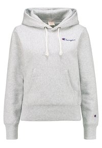 Gray hoodie made of cotton blend, featuring a front pocket, drawstring hood, and embroidered logo on the chest. Ribbed cuffs and hem.