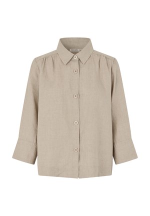 Beige linnen overhemd met kraag, knoopsluiting aan de voorkant en lange mouwen. Fijne textuur en plooitdetail bij de schouder.