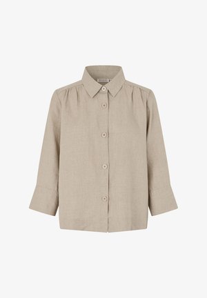 Beiges Leinenhemd mit Kragen, Knopfleiste vorne und langen Ärmeln. Dezente Textur und geraffte Details an der Schulter.