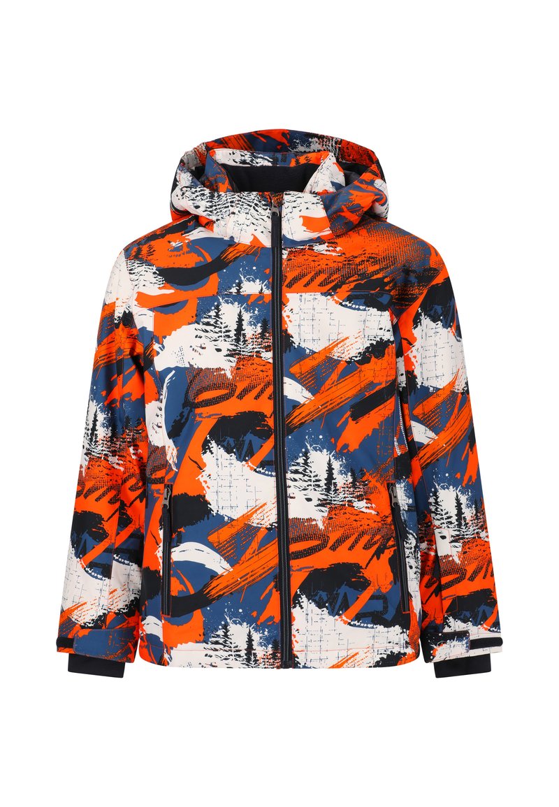 Multifärgad jacka med en blandning av mönster i orange, marinblått och vitt med abstrakta design. Den har en huva och dragkedja framtill.