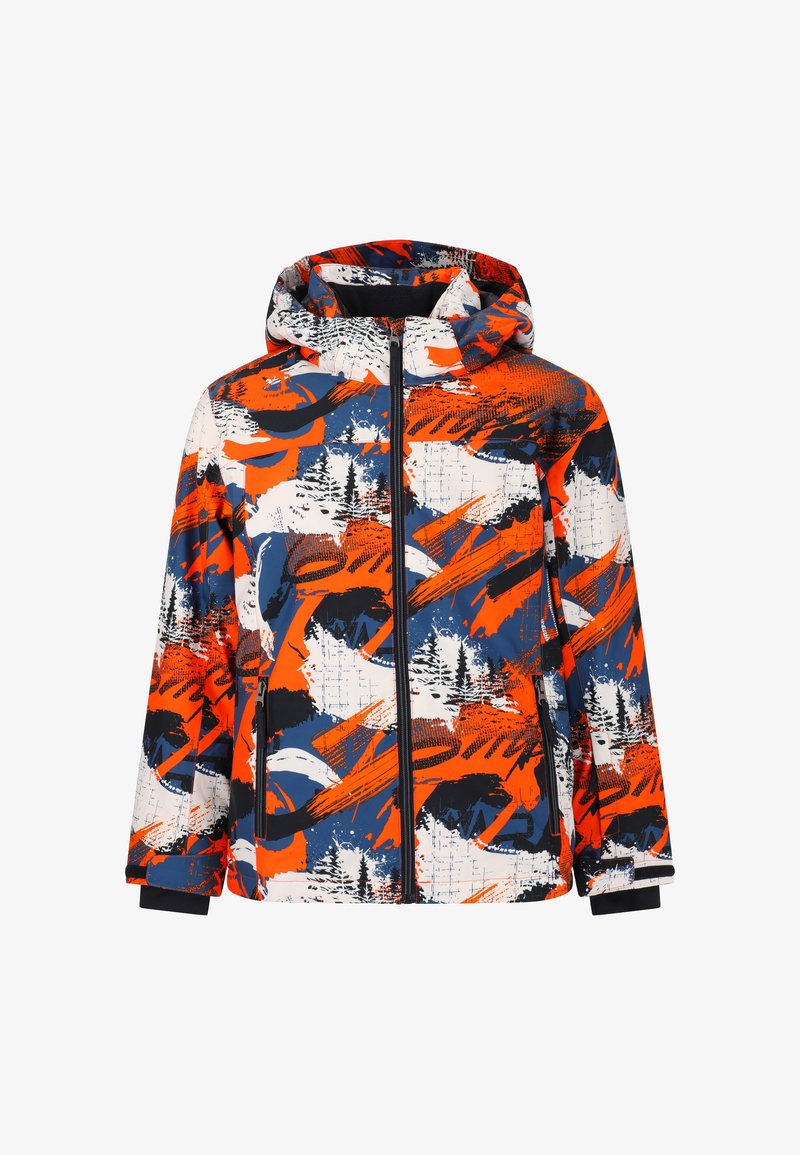 Mehrfarbige Jacke mit einer Mischung aus orangefarbenen, navyblauen und weißen Mustern sowie abstrakten Designs. Sie verfügt über eine Kapuze und einen Reißverschluss vorne.