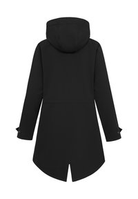Černý voděodolný kabát s kapucí, dlouhými rukávy a zakřiveným lemem. Obsahuje nastavitelnou manžetu a hladkou texturu. Bez viditelných vzorů.