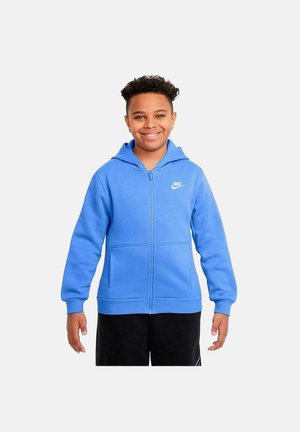 Sudadera azul con cremallera y un corte estándar, hecha de un tejido suave. Cuenta con un bolsillo frontal y un pequeño logo en el lado izquierdo del pecho.