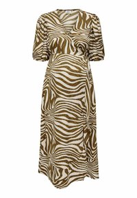 Bruin en creme wikkeljurk met een v-hals, pofmouwen en een vloeiende ontwerp met een golvend zebra-patroon. Lichte stof.