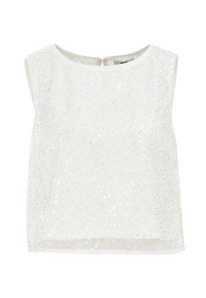 Witte mouwloze top met een ronde halslijn, bedekt met glinsterende pailletten voor textuur en visuele interesse. Korte sluiting aan de achterkant.