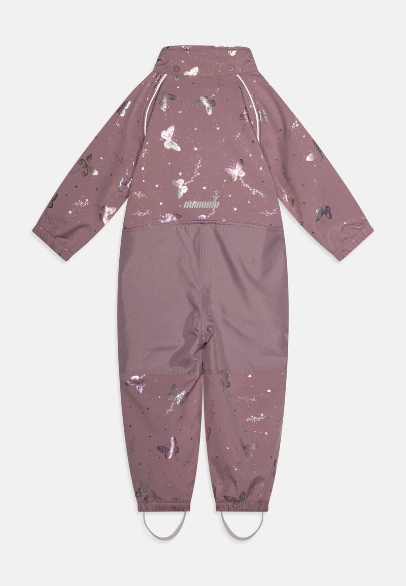 Paarse regenpak met vlinderpatronen; textuurstof, lange mouwen, hoge kraag, elastische manchetten en voetbanden voor een stevige pasvorm.