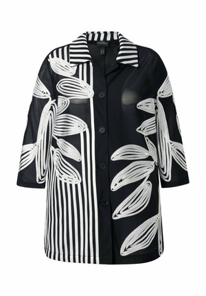 Czarna kurtka na guziki z białymi pionowymi paskami po jednej stronie oraz dużymi białymi abstrakcyjnymi wzorami liści po obu stronach i na rękawach.