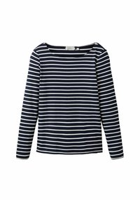 Polo mit langen Ärmeln in Marineblau und Weiß gestreift, mit weitem Ausschnitt und weichem Stoff. Gerader Schnitt mit leicht taillierten Ärmeln.