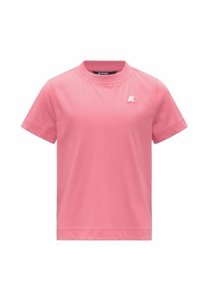 T-shirt rosa tinta unita a maniche corte con girocollo e piccolo logo bianco sul petto sinistro.